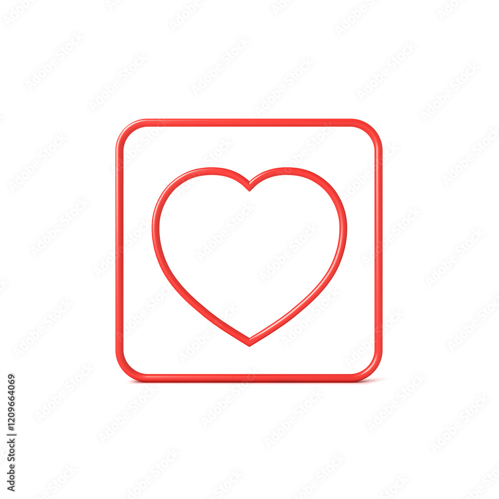 Leinwandbilder Blank 3d red heart wire line frame in rounded square frame border isolated on white background with shadow minimal simple creative idea concepts 3D rendering