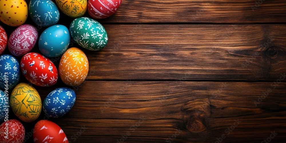 Poster colorful easter eggs with intricate designs arranged in a corner on a rustic wooden surface with amp