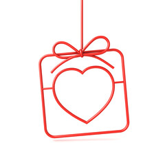 Hanging red gift box with love heart shape frame or love present frame border isolated on white background with shadow minimal creative idea concepts 3D rendering