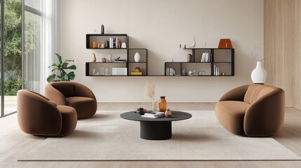 Contemporary space featuring a Mocha Mousse sofa set, bold accent colors, and sleek shelving