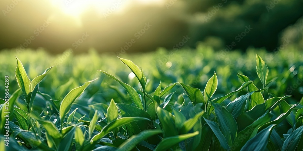 Poster lush green foliage illuminated by soft sunlight in a vibrant field with close-up leaves and a blurre