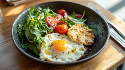 Healthy breakfast bowl featuring sunny-side-up egg, roasted cauliflower, cherry tomatoes, and fresh mixed greens on a wooden table.