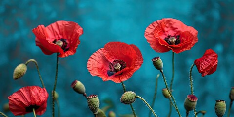 Obraz premium Vibrant red poppies in full bloom with green buds set against a vivid turquoise backdrop creating a striking floral composition