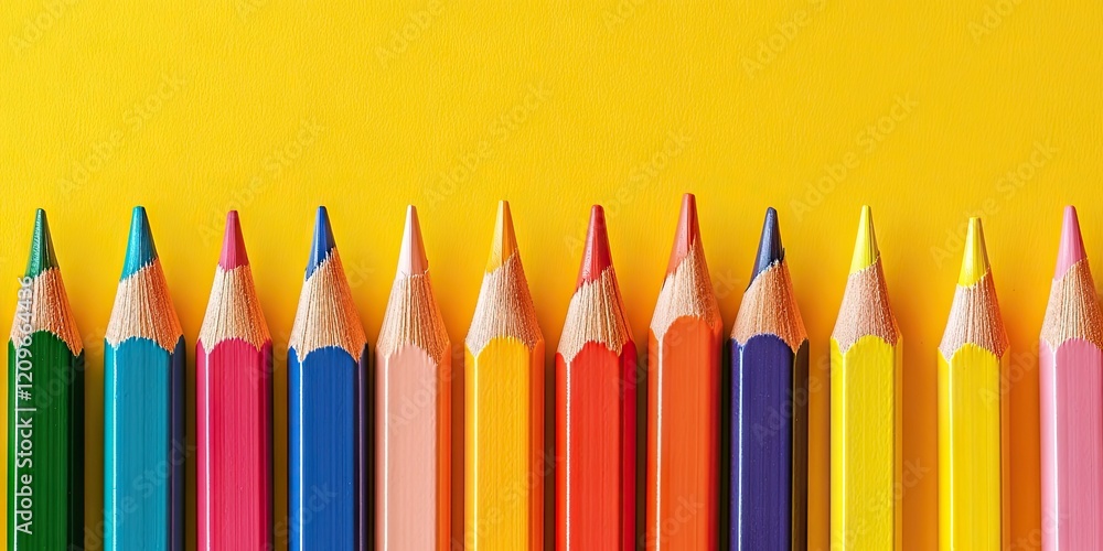 Poster colorful sharpened pencils arranged in a row on a bright yellow background with ample copy space per