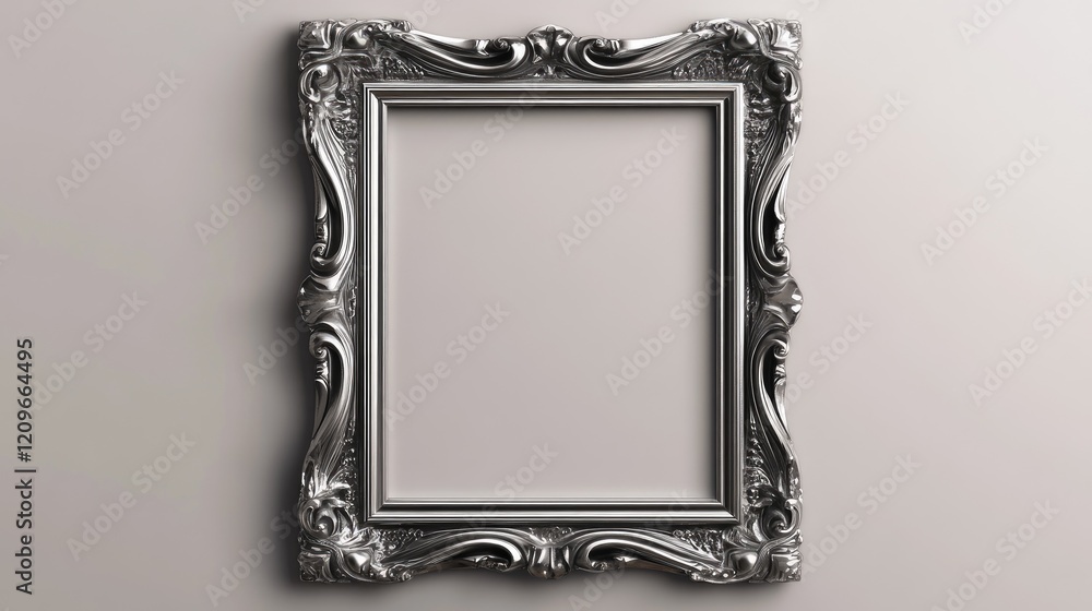 Poster elegant silver picture frame with ornate detailing isolated on a light background suitable for displ
