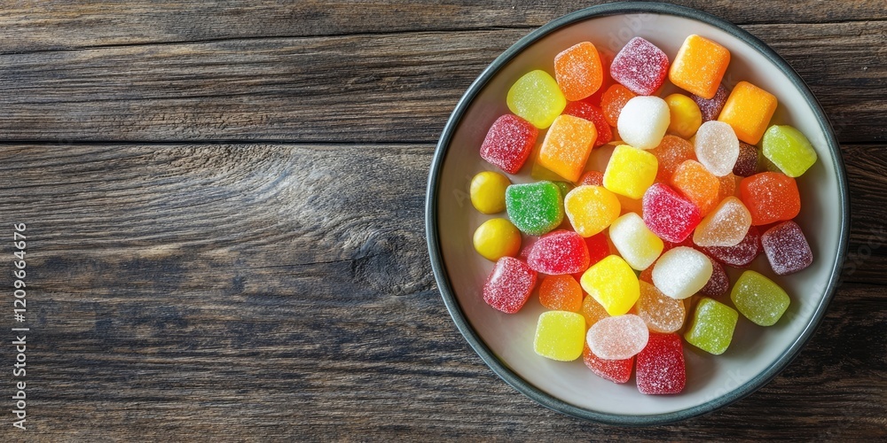 Poster colorful assortment of sugary candies in varying shapes and colors arranged in a bowl on a rustic wo