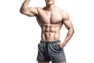 PNG Muscular man in gray shorts flexing arms,