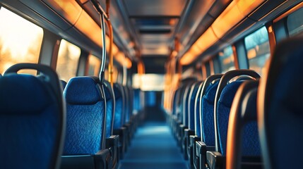 Fototapeta premium Interior of a bus with red seats and orange lights - vintage filter.