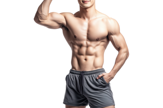 PNG Muscular man in gray shorts flexing arms,