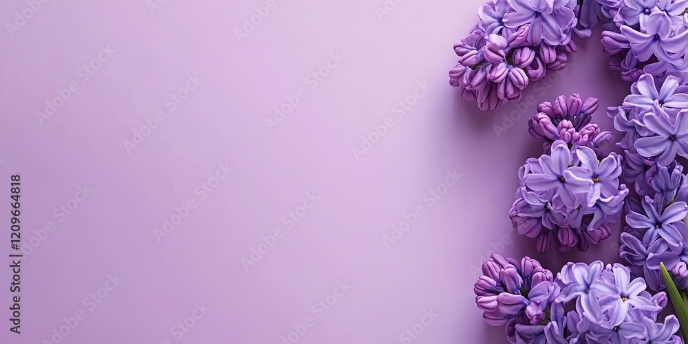 Poster purple hyacinth flowers clustered on the left with a soft violet background creating ample blank spa
