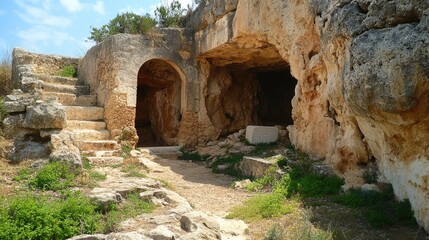 Ancient tomb ruins among natural caves showcasing historic architecture and surrounding greenery in a serene landscape.