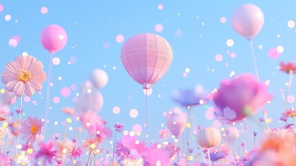 Fototapeta premium Pink hot air balloon floats over pastel flower field, confetti falls; dreamy, whimsical celebration