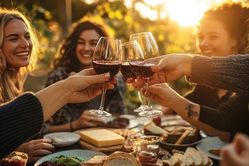 A diverse group of people joyfully toasting with wine glasses at a table