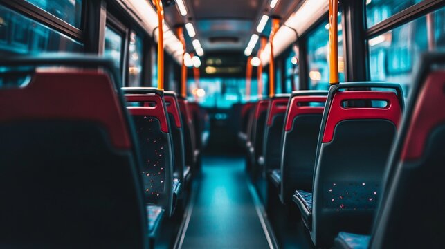Interior of a bus with red seats and orange lights - vintage filter.