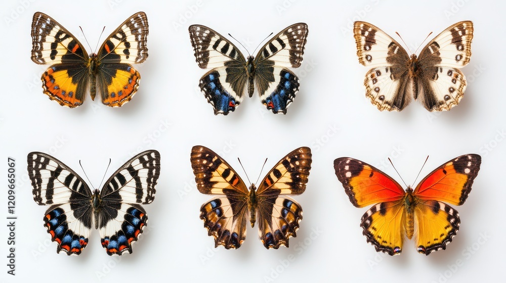 Poster colorful collection of six butterfly specimens displayed on a white background detailed anatomy and 