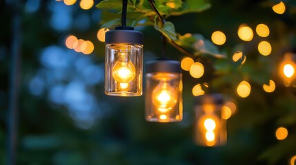 Bokeh Background with Warm Golden Light from Glass Lanterns Hanging Amidst Lush Green Foliage in an Evening Setting