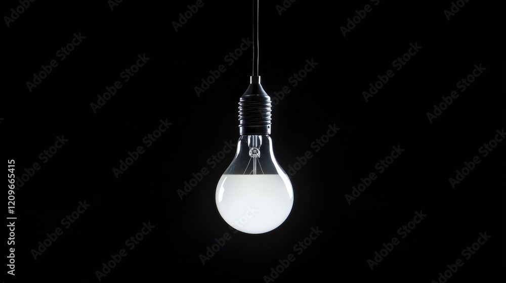 Poster single light bulb illuminated against a black background showcasing dramatic lighting and minimalist