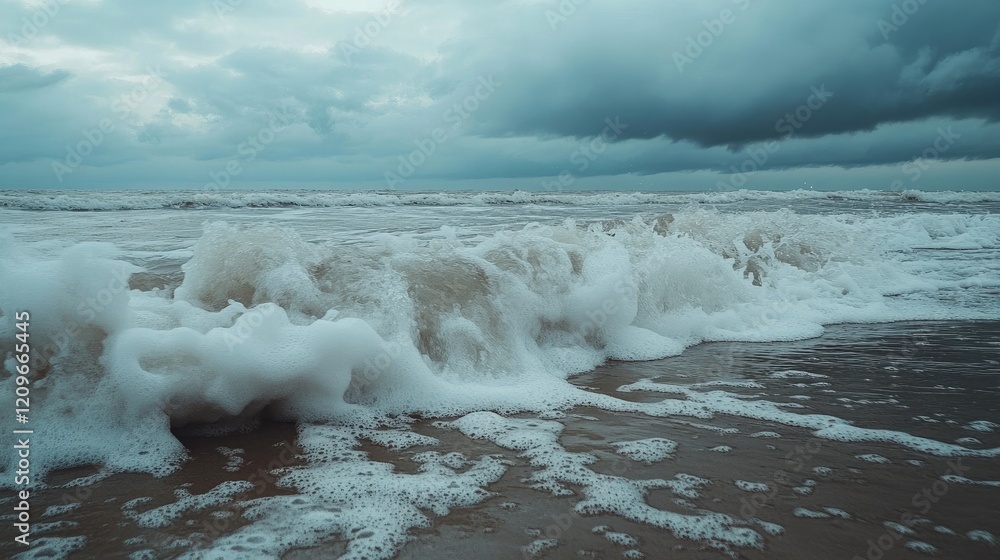 Poster waves crashing on sandy beach with foam under cloudy sky creating a serene coastal atmosphere.