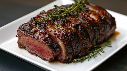 Roasted tender lamb neck on a polished white plate garnished with fresh green thyme on a dark background showcasing rich textures and colors