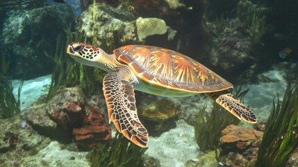 Obraz premium Sea Turtle Gliding Gracefully Through Vibrant Coral Reef Habitat Underwater Ecosystem