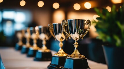 Elegant display of six sparkling trophies on a table emphasizing success and achievement in a celebratory event setup