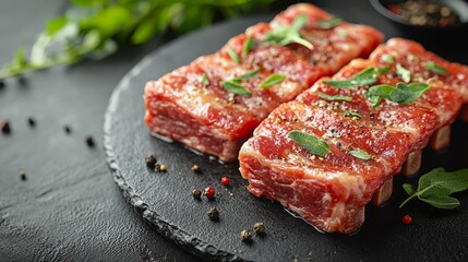 Marinated pork ribs, herbs, peppercorns, slate. Food photography for recipe or cookbook