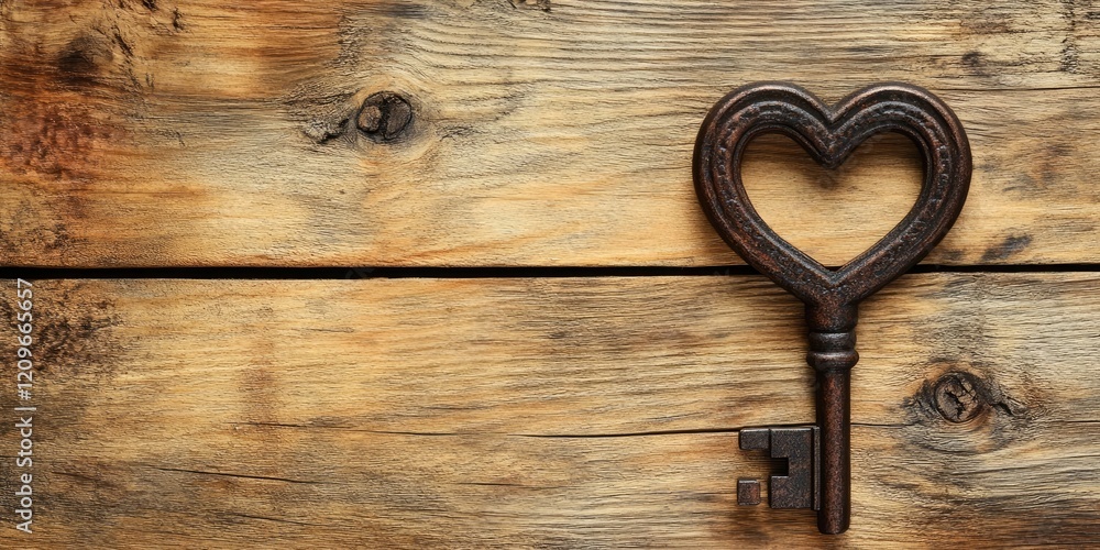 Poster heart-shaped vintage key positioned on the left side of a rustic warm wooden backdrop with a texture