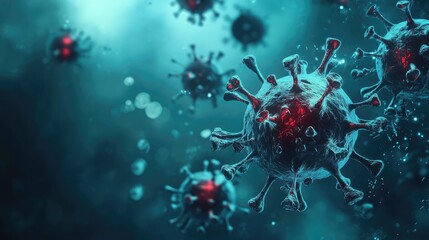 Abstract illustration of Malware and Spyware Threats with Magnified Viruses in Dark Blue and Green Tones, Emphasizing Cybersecurity and Protection Concepts