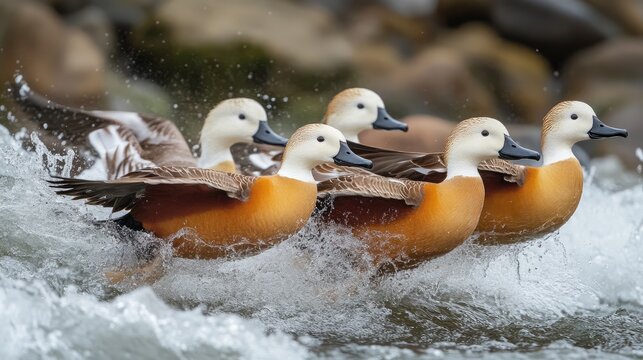 Ruddy shelducks in flight over a rushing river creating splashes and showcasing their vibrant plumage in a natural setting