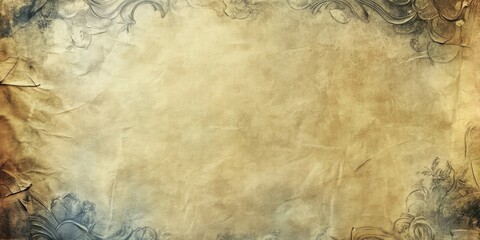 Vintage Victorian aged paper background with grunge texture, ornate dark blue and brown floral corners, soft beige center, horizontal layout.
