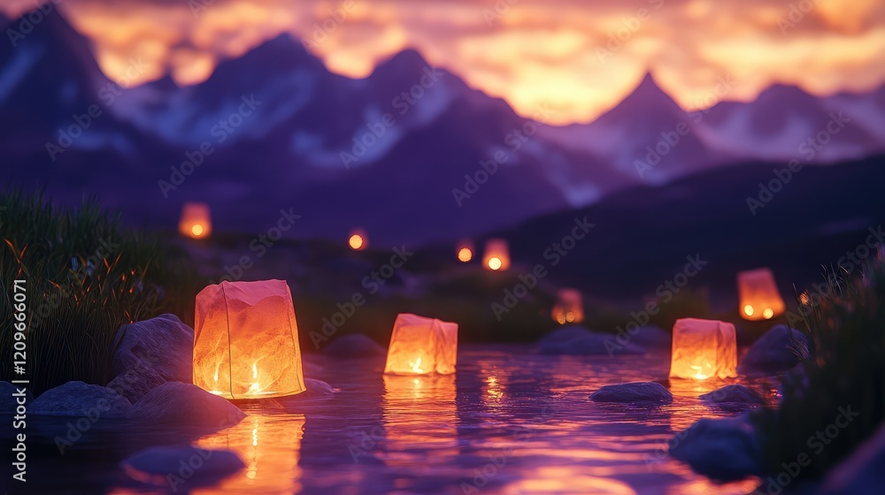 Aufkleber Glowing orange sky lanterns floating on tranquil water at twilight with majestic purple mountains in the background under a colorful sky
