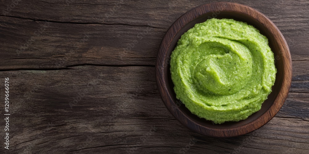 Poster top view of vibrant green wasabi paste in a rustic wooden bowl placed on textured wooden surface wit