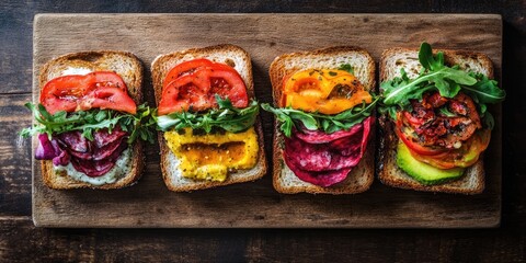 Four vibrant sandwiches with colorful layers of vegetables, arranged horizontally on a rustic wooden tabletop against a dark background.