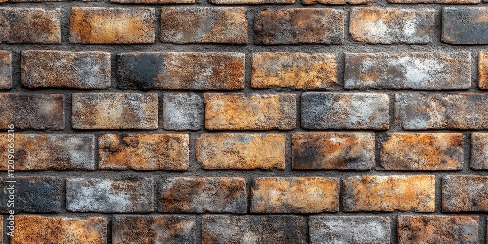 Poster weathered brick wall texture featuring dark brown, grey, and rusty orange bricks arranged in a horiz