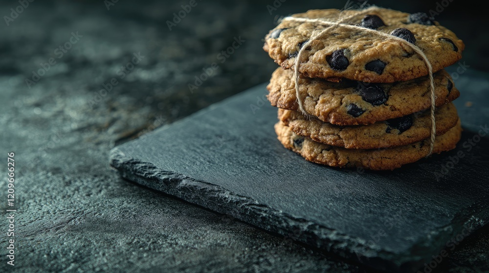 Poster oatmeal cookies with blueberries and chocolate chip cookies on slate serving board rustic presentati