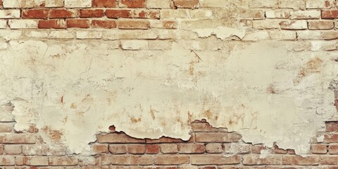 Vintage brick wall with textured white plaster, warm earthy tones, ample copy space in the center, featuring rough edges and subtle highlights.
