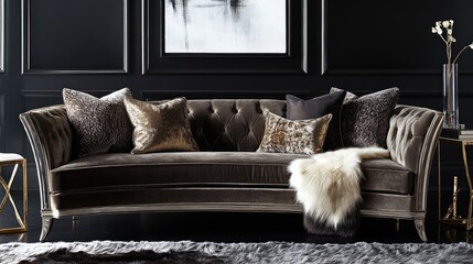 Elegant Mocha Mousse sofa set, accented with a fur rug and dramatic black walls