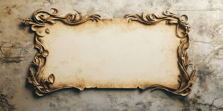 Vintage banner mockup featuring ornate golden frame on textured beige background with ample blank space for text positioned centrally.