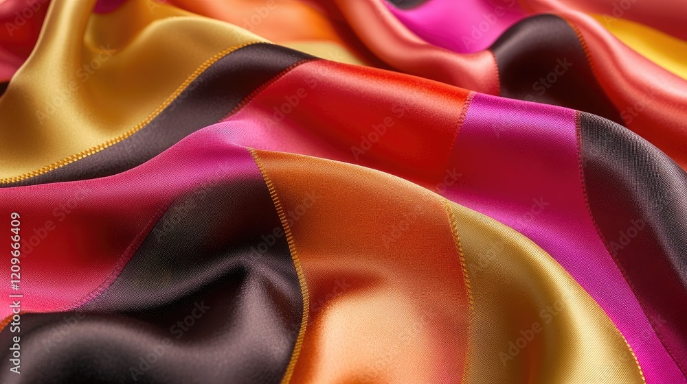Poster colorful silk fabric with large stripes in vibrant shades creating a textured background pattern for