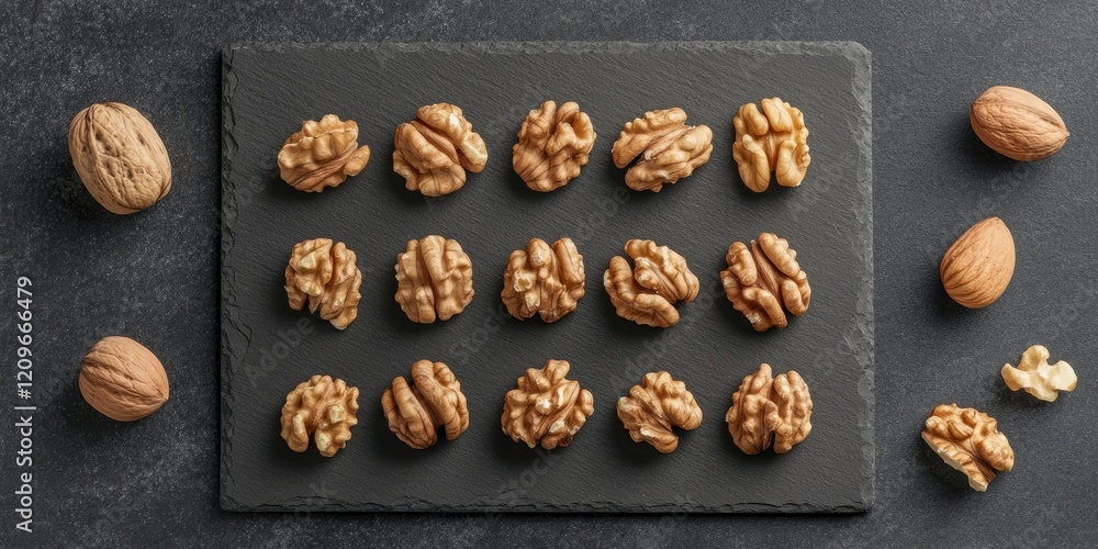 Poster walnuts and almonds neatly arranged on dark slate background with even spacing showcasing various te