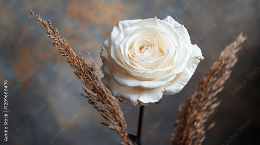 Poster elegant white rose accompanied by dried palm branches against a soft textured background