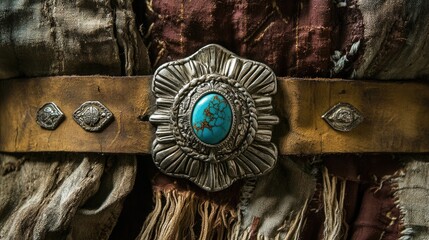 Vintage silver concho belt featuring a large turquoise and silver buckle displayed on textured rawhide and leather fabric backdrop
