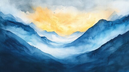 Serene Blue and Yellow Watercolor Landscape Illustration with Mountains and Soft Clouds on Textured Paper in Beautiful Horizon Light