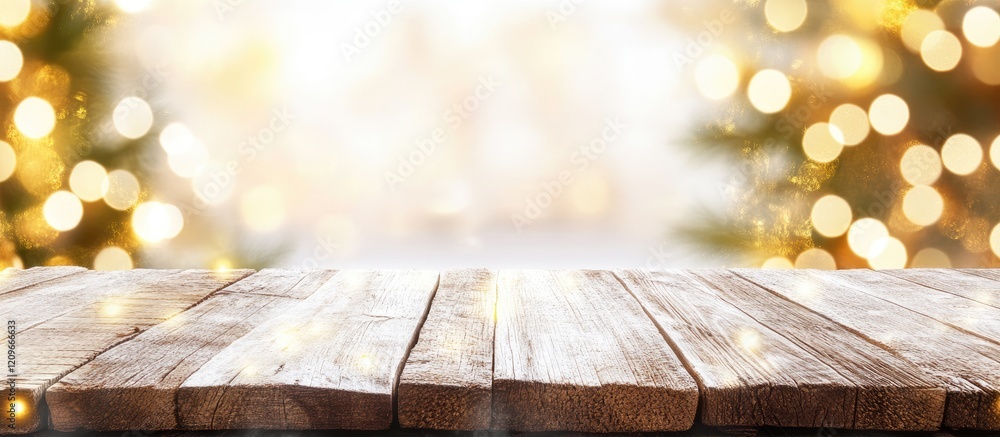Poster rustic wooden table surface with warm bokeh lights creating a festive atmosphere ideal for gathering