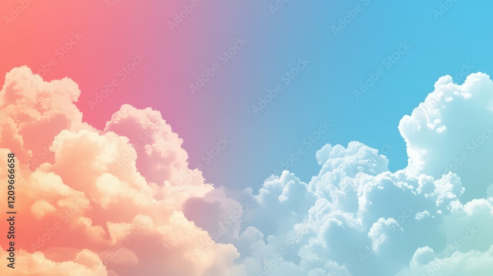 Poster vibrant sky blue and soft coral gradient background with whimsical fluffy clouds evoking summer sere