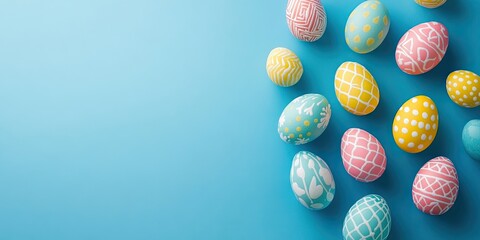 Pastel blue background with vibrant Easter eggs in pink, yellow, and blue showcasing intricate patterns arranged in a playful top view layout.