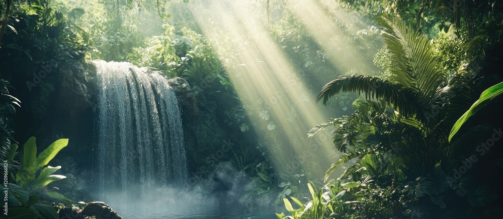 Poster serene cascading waterfall surrounded by vibrant green foliage and sunlight filtering through dense 