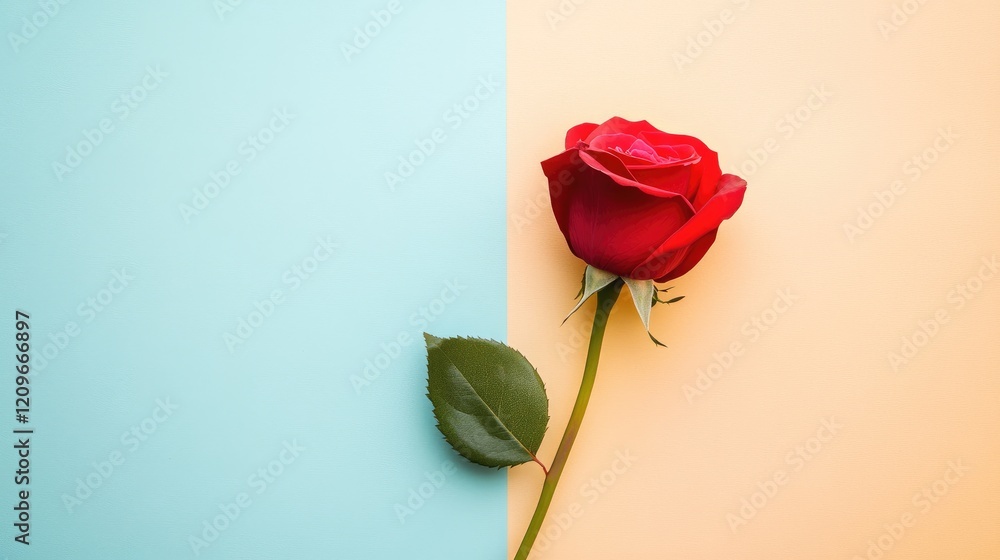 Poster red rose elegantly placed on a split color background for romantic and artistic themes