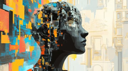 Abstract representation of a human silhouette integrated with colorful digital patterns and textures, symbolizing semantic AI, machine learning, and creativity in data analysis.