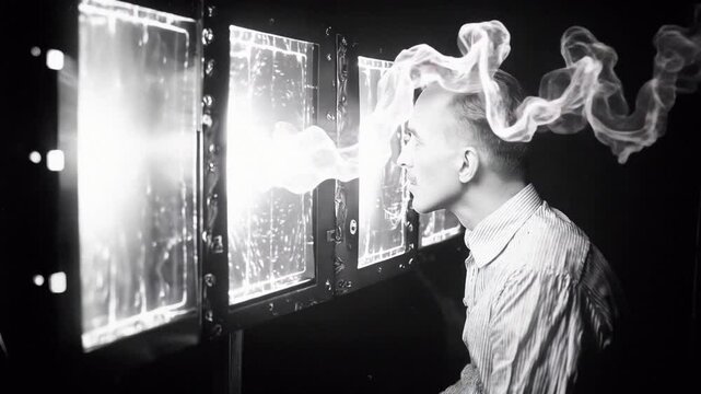 Vintage sci-fi scene: a scientist in a lab experiences a psychic phenomenon, smoke or energy emanating from a device. Ideal for retro futuristic, paranormal, and mystery projects.